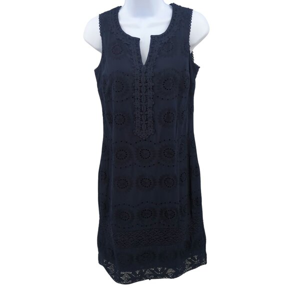 Talbots Dress Womens 4P Navy Blue Floral Eyelet Coastal Resort Vacation Boho - Picture 1 of 13